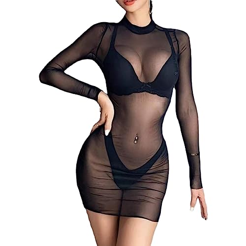 Womens Sheer Mesh Swimsuit Cover Ups, Sexy Black Mesh Dress, Long Sleeve Swimsuit Summer Beachwear
