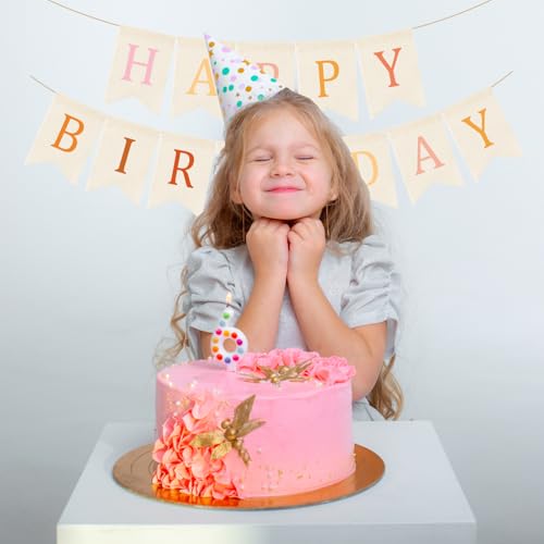 Image of Doumeny Happy Birthday Burlap Banner Boho Birthday Bunting Garland Pink Bohemian Sign Flag White Birthday Hanging Banner Pastel Rainbow Party Decor for Home Mantel Fireplace Nursery Party Backdrop