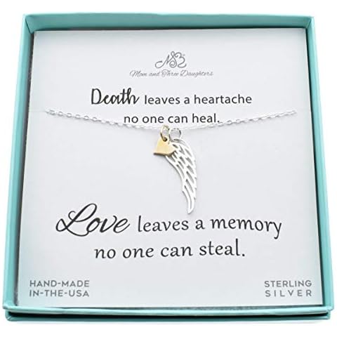 MOM & THREE DAUGHTERS Angel Wing Necklace with a Tiny Bronze Heart | Bereavement Jewelry | Sterling Silver | 18" Chain | Gift for Loss Cover