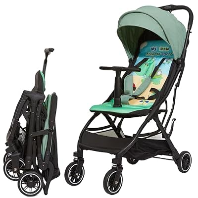 Cool Kids Superb Lightweight Travel Stroller for Toddlers 6 Months to 50 lbs, Compact One-Hand Fold Baby Stroller with T-Shaped Bumper, Airplane Approved, Shock Absorbing, Green Turtle Print