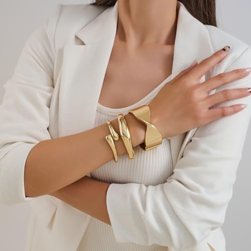 Chunky Gold Bangles Bracelets Stack for Women, Dainty 14k Gold Plated Wide Stackable Bangles Set, Trendy Statement Cuff Bracelet Stack Fashion Jewelry Gifts Style 9 — view 4