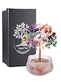 JSDDE Petit Bonsai Arbre de Vie en Pierres Naturelles pour Décoration Maison Porte Bonheur Arbre de Cristal Pierres Précieuses avec Bol en Verre Dépoli Irrégulier Ornement Reiki Guérison (7 Chakra)