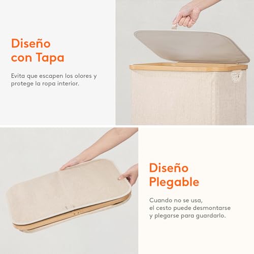 Miniatura 7 de Lifewit Cesto Para La Ropa Sucia De 100l Con Tapa, Cesta Para La Colada Con Asas De Bambú Y Una Bolsa Extraíble, Cesto De Ropa Plegable Grande Para Dormitorio, Cuarto De Baño, Lavadero, Beige