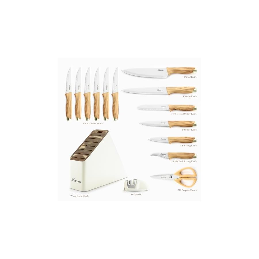 Knife Block Set, Kitchen Knife Set with Sharpener, German Stainless Steel Gold Knives Set with Block and Ergonomic Wood Grain Handle, Ultra Sharp Cooking Knives