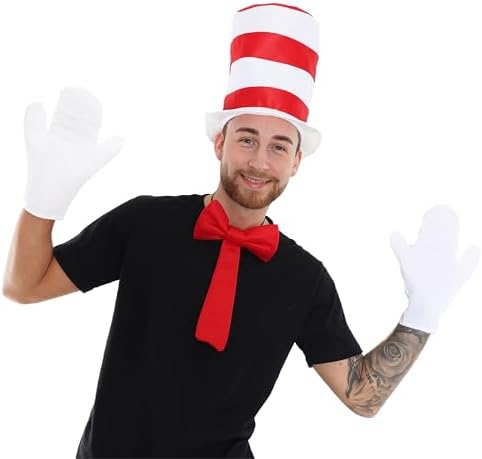 Adults Cat Hat Accessory Set - Red and White Striped Hat, Large White Gloves and Deluxe Red Bow Tie - Adults Book Week Fancy Dress Costume Accessories