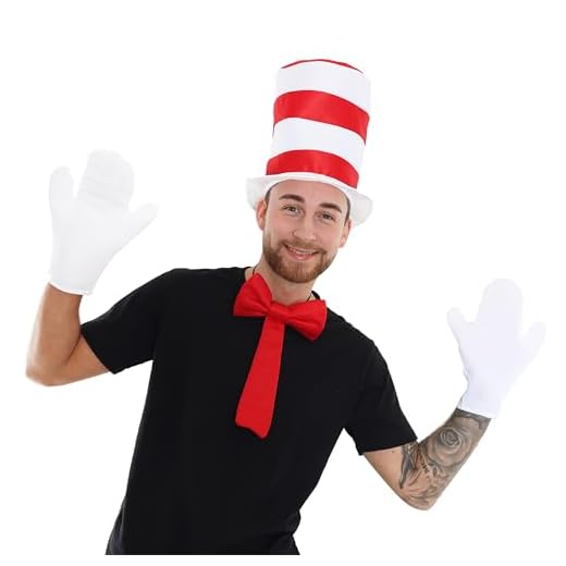 ILOVEFANCYKLÄNNING DELUXE DULTS Katt Hatt FANCY KLÄNNING KOSTUME TILLBEHÖRADE OCH VIT RÄNDER HAT + Stora vita handskar + deluxe röd rosett bok vecka rörelse
