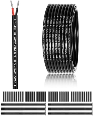 20 Gauge 2 Conductor Electrical Wire 100FT, UL 2464 20 AWG 2 Wire Cable Tinned Copper PVC Stranded 20/2 Core Wire for LED Strips Lighting, Outdoor Low Voltage Extension Cable, Automotive etc.