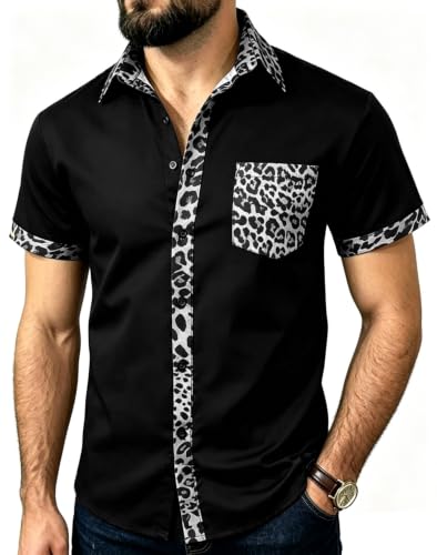 JG JENNY GHOO Men's Leopard Cheetah Print Shirt Short Sleeve Casual Button-Down Shirts