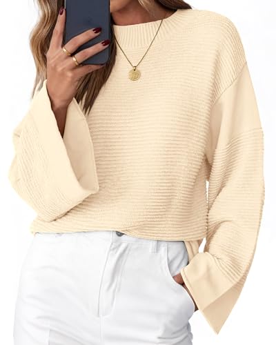 KIRUNDO Oversized Sweaters for Women Ribbed Knit Chunky Long Sleeve Tunic Sweater Pullover Tops Fall Winter Clothing(Beige, Large)