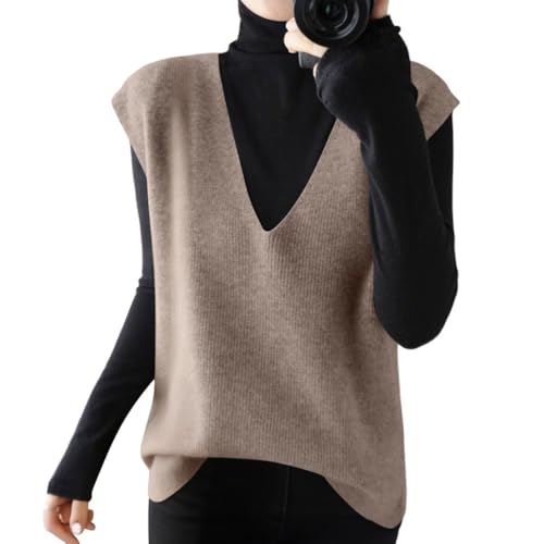 shownicer Pullunder Damen V-Ausschnitt Strickweste Ärmellos Strick Vest Loose Fit Damenpullunder A Kaffee M
