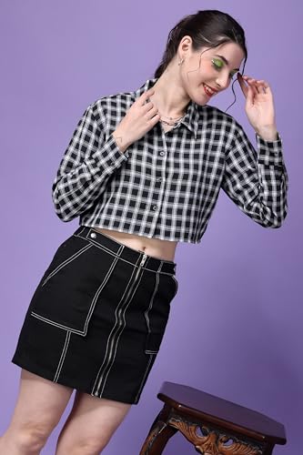 Image of POPWINGS Casual Pure Cotton Checks Crop Shirt for Women | Stylish Western Crop Shirt for Women | Full Sleeves Crop Shirt for Women