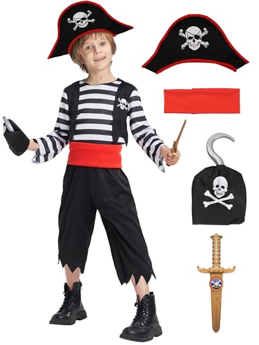 IKALI Kinderkostüm Pirat- 6 teiliges Piratenkostüm für Jungen, Karneval Halloween Party Outfit mit Augenklappe, Kopfband...