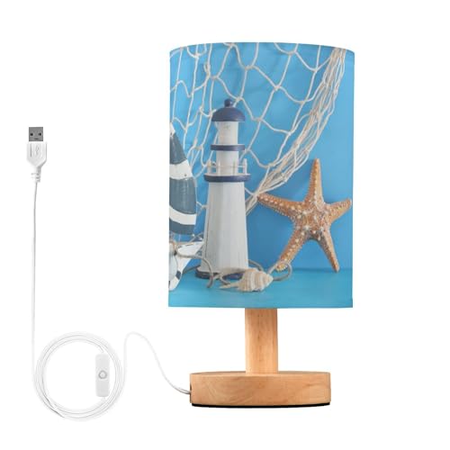 YYZZH Table Lamp Nautical Sailboat Lighthouse Starfish Seashell Fishnet Blue Wood Nightstand Lamp with Wood Base Fabric Lamp Shade Bedside Desk Lamp for Living Room Bedroom Kids Room Office