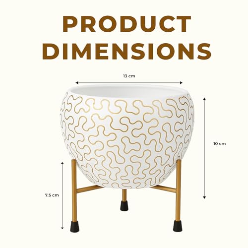 Image of Natural Earth Metal Flower Vase Planter Pot with Iron Stand | Decorative Plant Cachepot for Indoor & Outdoor Use | Succulent Pot for Home & Garden Decor (White Golden Wave)