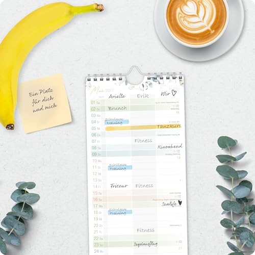 Häfft® Planer für zwei 2026/2027 „Blattgold“ – Paarkalender 17 Monate (Aug 26 - Dez 27) – Wandkalender für 2 Personen, 3 Spalten, schmaler Wandplaner 13x31,9 cm