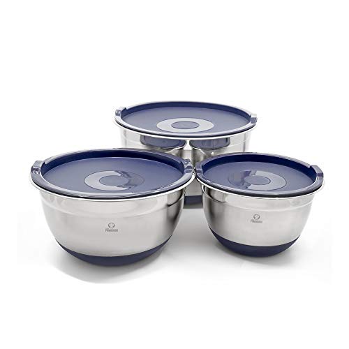 Chef Pomodoro Stainless Steel Mixing Bowls with Lids Navy Blue Non-Slip Silicone Base 3 Piece Set 15 Qt 3 Qt 5 Qt Nesting Bowls for Storage Cooking Baking Prepping