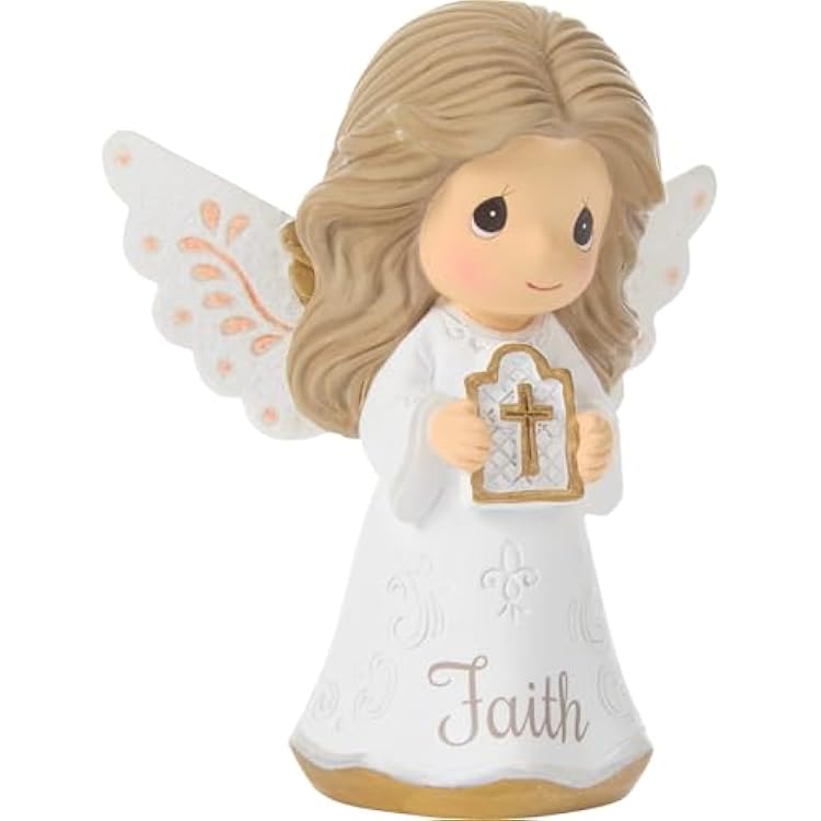 Precious Moments 252428 Faith Mini Angel Figurine Holding Cross, Inspirational Resin Angel with Peach Wing Accents, Religious Gift for Communion or Confirmation