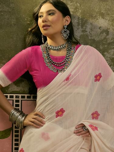 Image of SIRIL Women's Cotton Linen Printed Zari Border Saree with Unstitched Blouse Piece