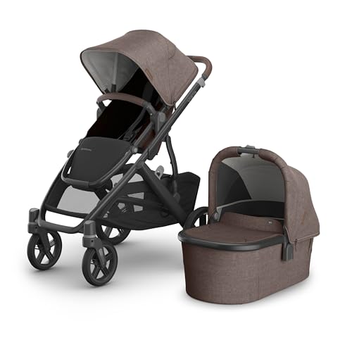 Image of UPPAbaby Vista V3 Stroller + Bassinet V3 - Convertible Single-to-Double Stroller System- Bassinet, Toddler Seat, Bug Shield, Rain Shield Included - Owen - Mocha Melange|Carbon Frame | Chestnut Leather