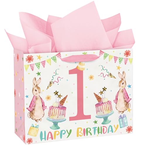 WRAPAHOLIC 13" 1st Baby Girl Shower Gift Bags with Tissue Paper - Pink Watercolor Bunny Paper Bags for One Year Old Birthday Party Baby Shower