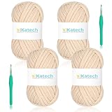 Katech 400g T-Shirt Yarn for Crocheting, 130yds Elastic Fabric Crochet Spaghetti Yarn for Hand DIY Bag & Basket Cushion Crocheting Projects, Home Decor (Light-Kahki)