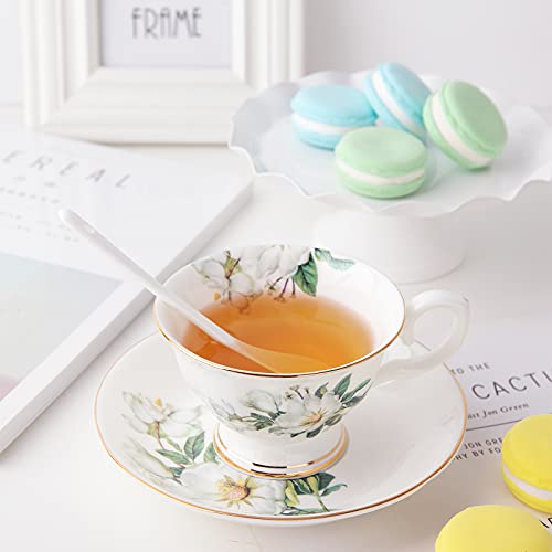 Porcelain Tea Cup And Saucer Kitchenexus Vintage Ceramic Tea Cup With Gold Trim Elegant Floral Tea Cup And Saucer With Matching Spoon British Tea Cup Coffee Cup Set (8.11Oz/230Ml) #TOP2