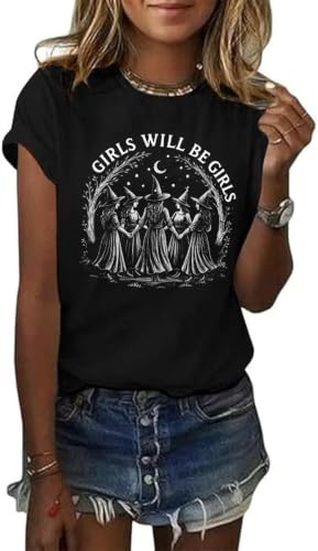 Nigbriz Women's 'Girls Will Be Girls' Graphic Witch Shirt，Black-P，M