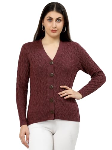 Image of Kalt Women Full Sleeves Cable Button Acrylic V-Neck Sweater