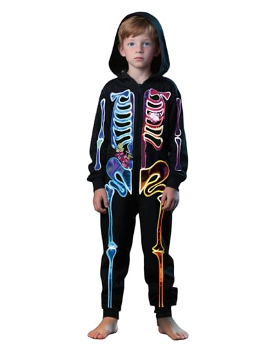 Xumplo Boys Halloween Skeleton Pyjamas Kids One Piece Zip-Up Pjs with Hood and Spooky Bone Print Sleepwear Nightwear 10-12 Years Black