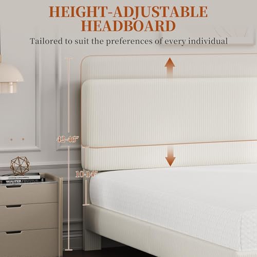 Image of Yaheetech Queen Bed Frames with Adjustable Headboard, Chenille Fabric Upholstered Headboard /Platform Bed, Queen Size Bed Frame No Box Spring Needed /Wood Slats Support /Easy Assembly /Beige