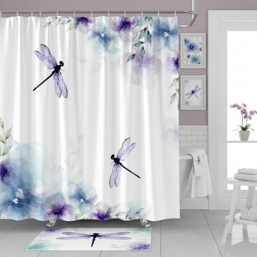 UOZXOML Blue Purple Flower Dragonfly Shower Curtain,70 x 70