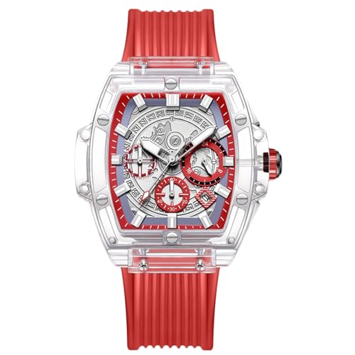 RORIOS Men's Transparent Tonneau Wrist Watch Analogue Quartz Watch Multifunctional Fashion Watch Waterproof Chronograph Watch with Silicone Strap Red A