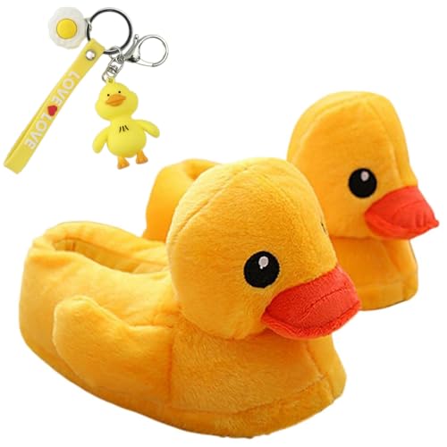 LELEBEAR Duck Slippers for Women, Cartoon Duckie Slipper, Cute Plush Ducky Slippers, Animal House Slippers with Duck Keychain