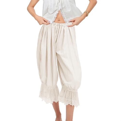Bloomers Pants for Women Y2K Lace Trim Vintage Pantaloons Cute Ruffled Pumpkin Long Pants Capri Pajama Bottoms