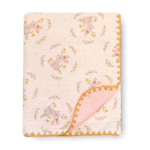 Image of Double Layered 100% Cotton Muslin Baby Blanket Ultra-Soft 40x40 Inch Swaddling Nursery Crib Blanket (Garden Bunny)