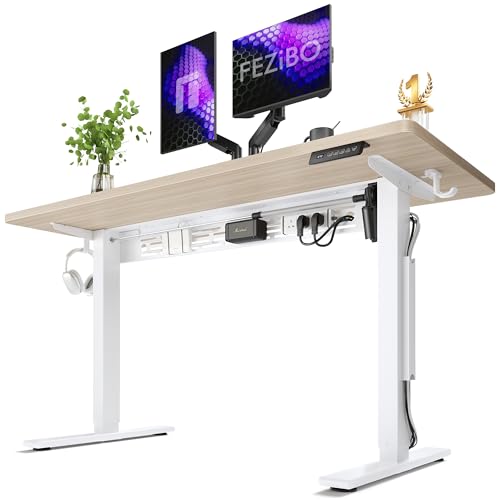 Image of FEZIBO Electric Standing Desk with L-Shaped Crossbar & Cable Management System, 55 x 24 Inches Sit Stand up Desk, Adjustable Height Standing Desk for Home Office, Light Walnut