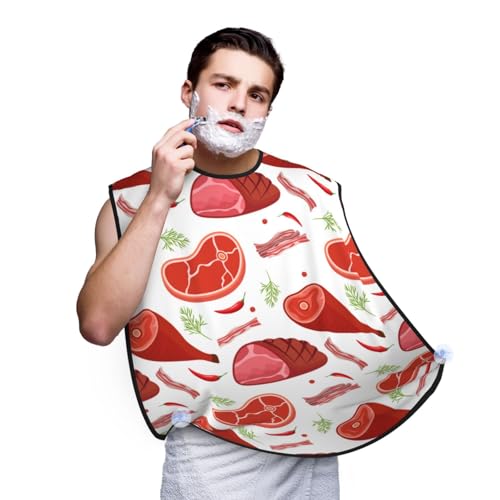 Buewutiry - Beard Bib Apron Hair Catcher for Men - Ham Bacon Print Beard Hair Catcher for Sink Non-Stick Cape for Shaving For Grooming Mens Accessories with 2 Suction Cups
