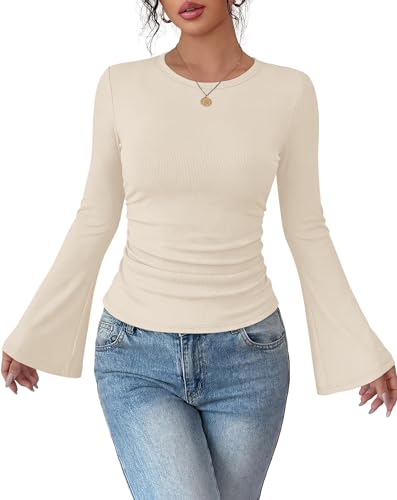 Sampeel Womens Bell Long Sleeve Shirts Ruched Tops Trendy 2026 Y2k Outfits