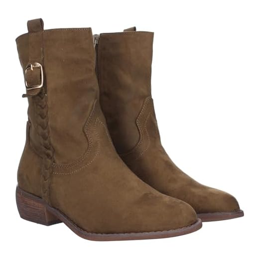 shoes&blues.es 76108-Botin para Mujer, Estampado Liso, Trenza en la Cana, Adorno de Hebilla, Cierre de Cremallera y Tacon bajo. Temporada Otono Invierno 2023. Talla 40 Verde