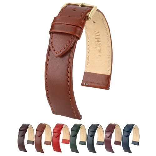 Hirsch Osiris Leather Watch Strap - Polished Mid Brown - M - 16Mm / 14Mm - Shiny Gold Buckle - Calf Leather Band #TOP21