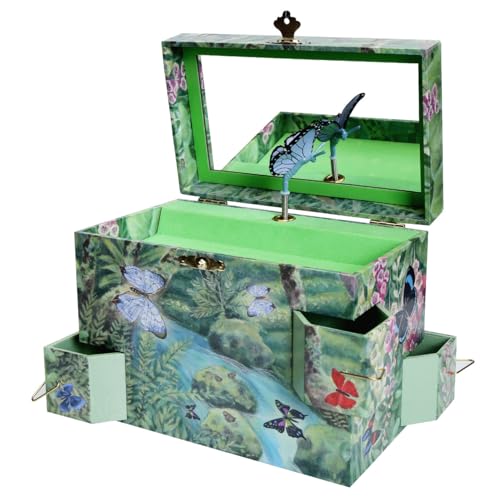 Enchantmints Mariposa Butterfly Music Jewelry Box for Children - Velvet Lining, 4 Drawers, Blue Butterfly Figurine - 7.75 x 4.5 x 6 inches