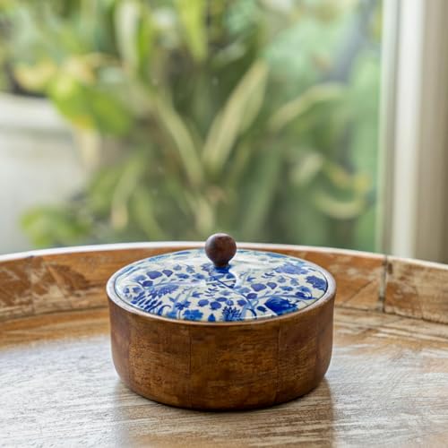 Image of ExclusiveLane 'Indigo Baagh' Wooden Chapati Box for Kitchen with Lid (21.8 cm, Mango Wood, Hand-Enameled, Multicolor) | Hot Case for Roti Casserole for Roti Box Hot Pot for Roti Kitchen