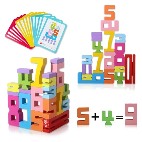 Zyluniy 20 pièces Number Building Blocks, Blocs de Construction en Bois avec 15 Cartes d'apprentissage pour Enfants, Blocs de Construction en Bois avec Chiffres Cadeaux pour Filles, garçons