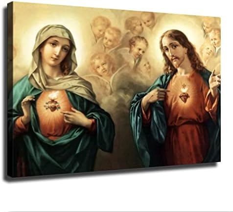 Sacred Heart of Jesus and Immaculate Conception Canvas Posters Modern Prints Paintings Canvas Wall Art for Home Kitchen Living Room Bedroom Decor (Framed,24x36inch)