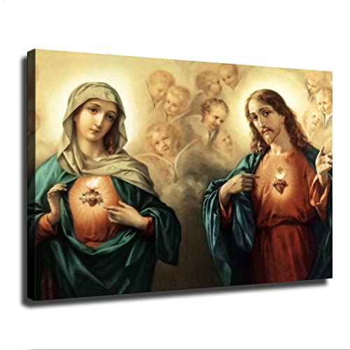 Sacred Heart Of Jesus And Immaculate Conception Canvas Posters Modern Prints Paintings Canvas Wall Art For Home Kitchen Living Room Bedroom Decor (Framed,24X36Inch) #TOP3