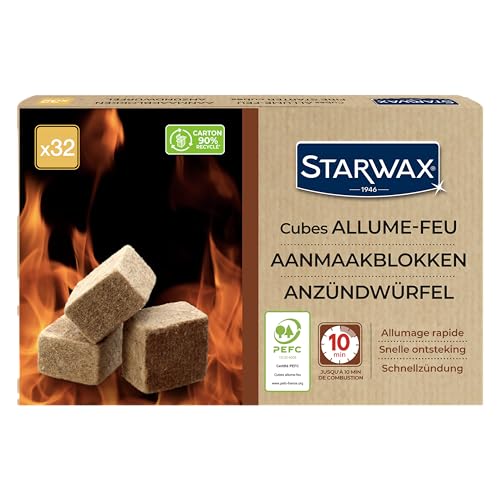 STARWAX - Cubi accendifuoco - Fino a 10 min. di combustione - Accensione rapida, pulita e senza odore - Non altera il sapore degli alimenti - PEFC - Set di 32 cubi