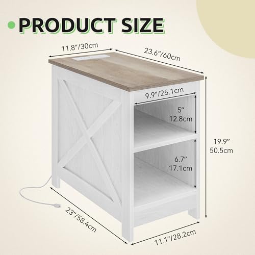 GOOBED Farmhouse Nightstand with Charging Station, Beside Table with Storage, Night Stands for Sleeping Room, Living Room, Oak White