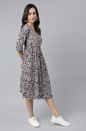 Image of Janasya Women's Cotton Floral Print Angrakha Dress
