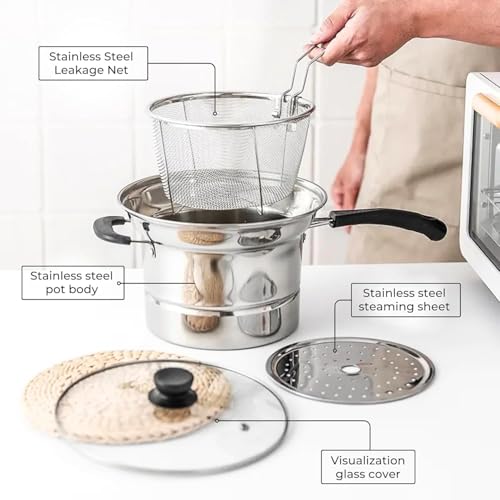 Image of 18 /10 Stainless Steel, 4 Piece Pasta Pot with Strainer Insert, StockPot with Steamer Basket and Insert, Set with Glass Lid