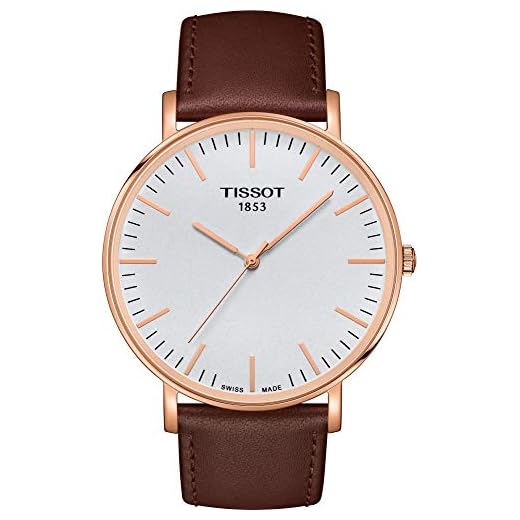 Tissot Relógio masculino Everytime 316L de aço inoxidável com revestimento PVD ouro rosa, marrom, couro, 21 (T1096103603100), Marrom, Pulseira